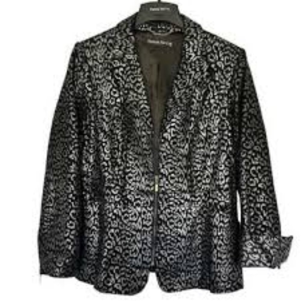 Pamela McCoy Black Silver Animal Leopard Print Metallic Leather Jacket  3X   New